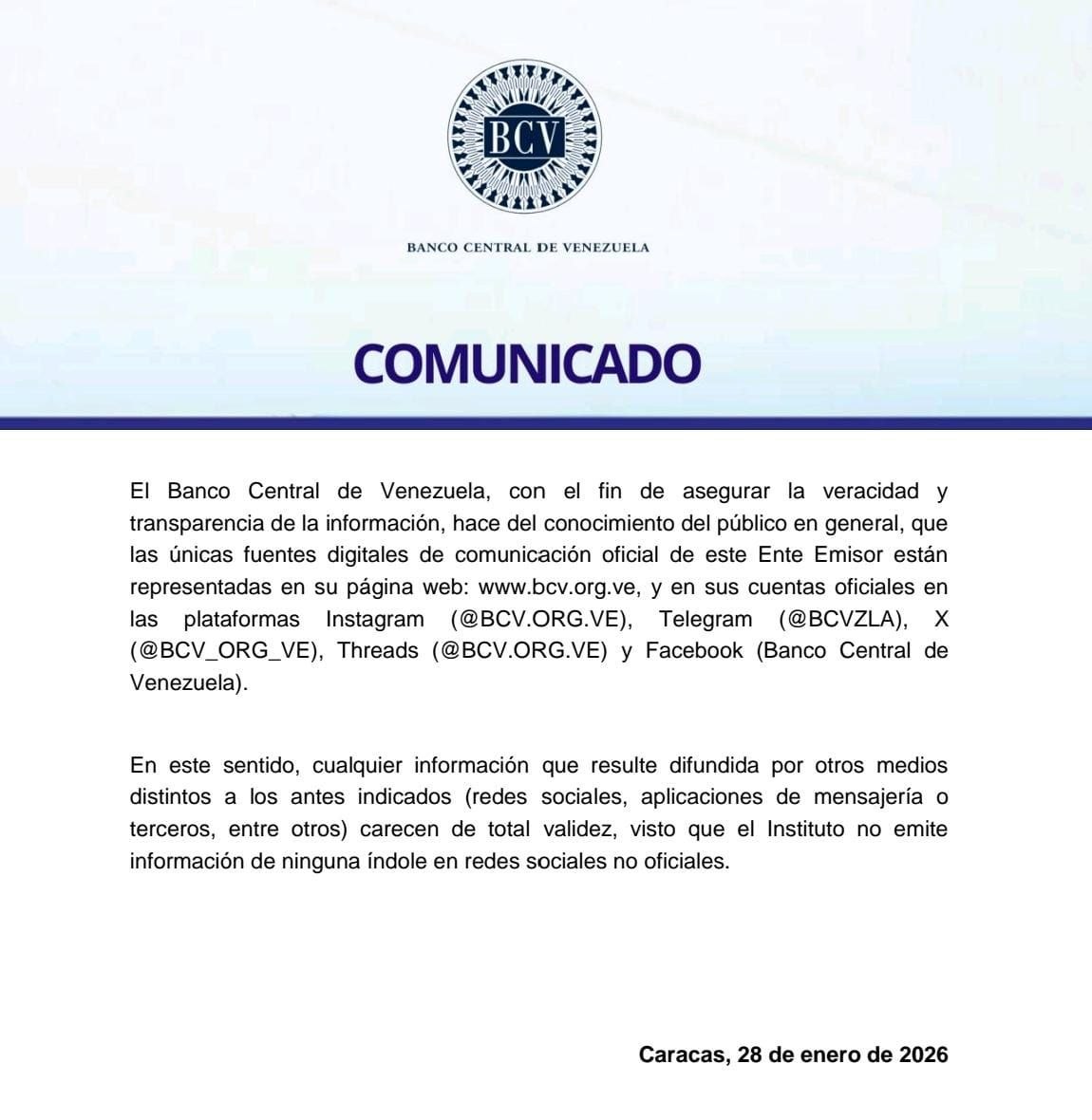 Comunicado|| Fuentes digitales de comunicación oficial del Banco Central de Venezuela

bcv.org.ve/fuentes-digita…