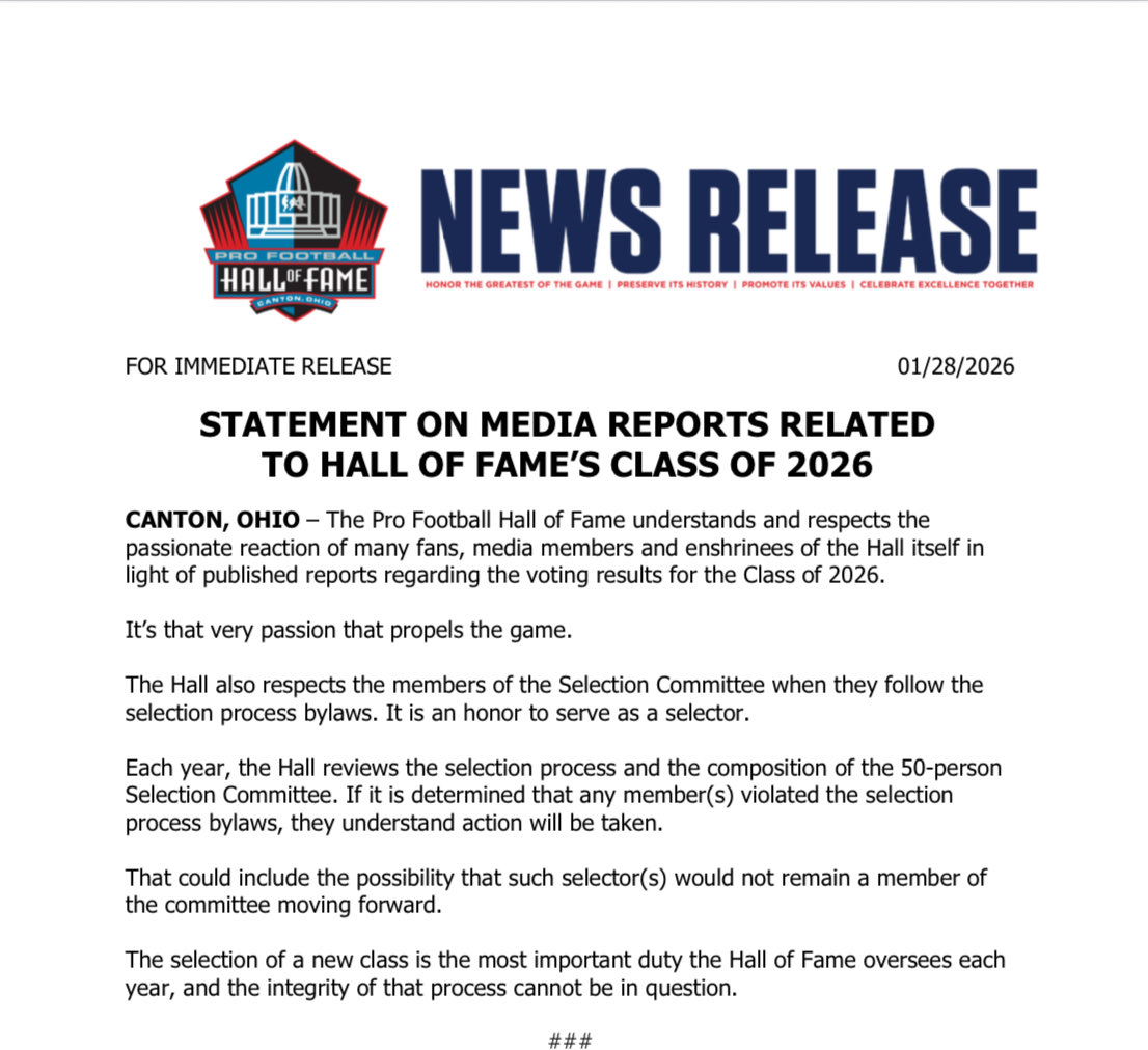 MikeGarafolo's tweet image. Statement from the Pro Football Hall of Fame. Doesn’t name Bill Belichick but says if a voter violated the selection process bylaws, action will be taken, including the removing the voter from the committee.