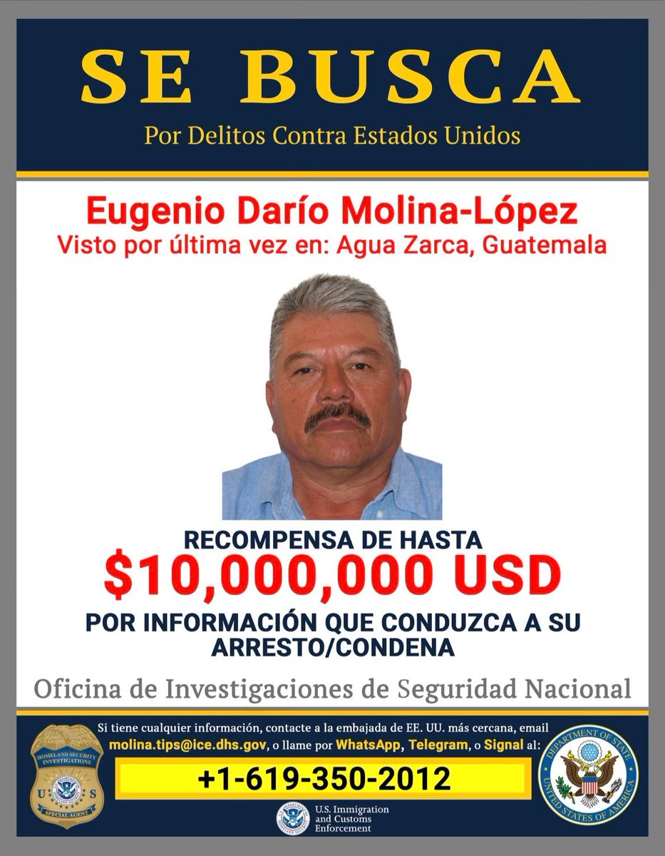 🔎Se busca: Eugenio Darío Molina-López por conspiración internacional de narcotráfico, intentos de importación ilegal de cocaína a Estados Unidos, y distribución de droga a bordo de una embarcación. Recibe hasta $10 millones de dólares de recompensa por información que conduzca a