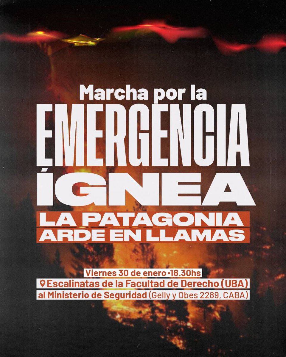 Más de 230.000 hectáreas están afectadas por incendios en nuestra Patagonia. 

Y, mientras miles de brigadistas se juegan la vida para combatir el fuego, el gobierno de Milei mira para otro lado. 

Este viernes a las 18.30 movilizamos desde la Facultad de Derecho hasta el