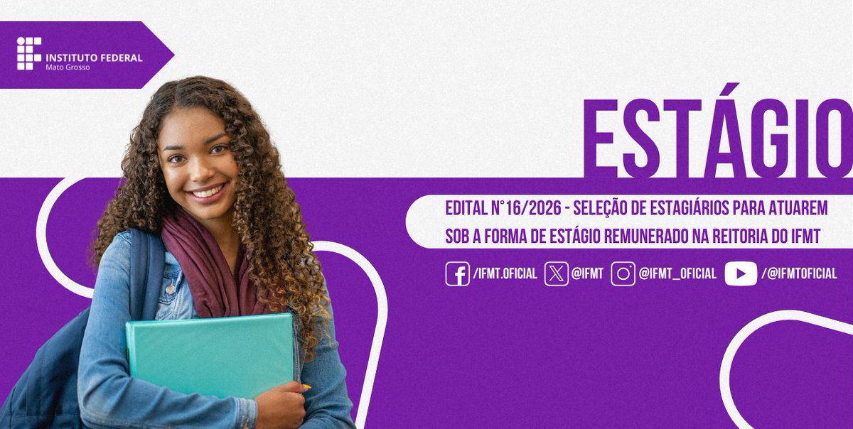 🎓 Se você cursa Administração, Gestão Pública ou Secretariado Executivo, prepare-se! Vem aí oportunidades de estágios no IFMT!  

💰 Bolsa de R$ 1.125,69, auxílio-transporte de R$ 10,00 por dia e jornada de 30 horas semanais. 

🔎 Confira mais no site: ifmt.edu.br