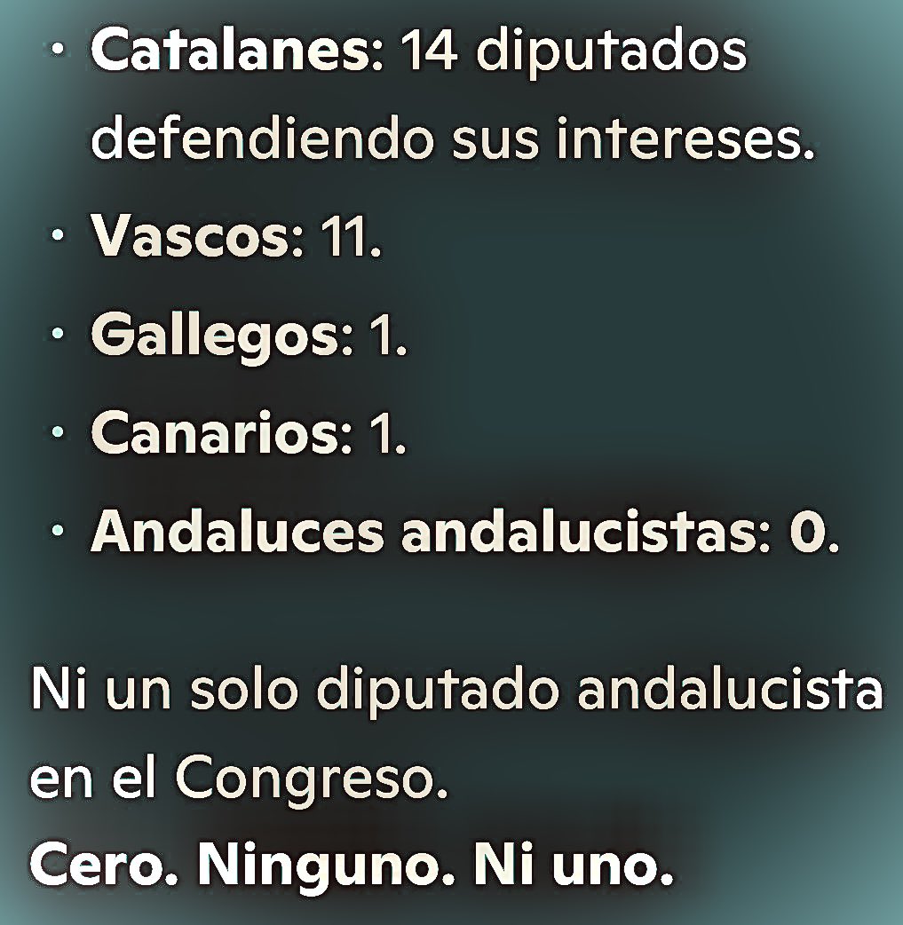 La mayoría de los andaluces llevamos un ANDALUCISTA dentro, pero aún no ha nacido quien logre movilizar a todo un pueblo. NADIE!

¿Sabéis cuántos diputados defienden de verdad a Andalucía en el Congreso?
Cero. Ninguno. Ni uno. 
#COAC2026P9 
<a href="/joseigs_/">Jose Ignacio García ۞</a> 
<a href="/TeresaRodr_/">Teresa Rodríguez 🇵🇸 ۞</a>