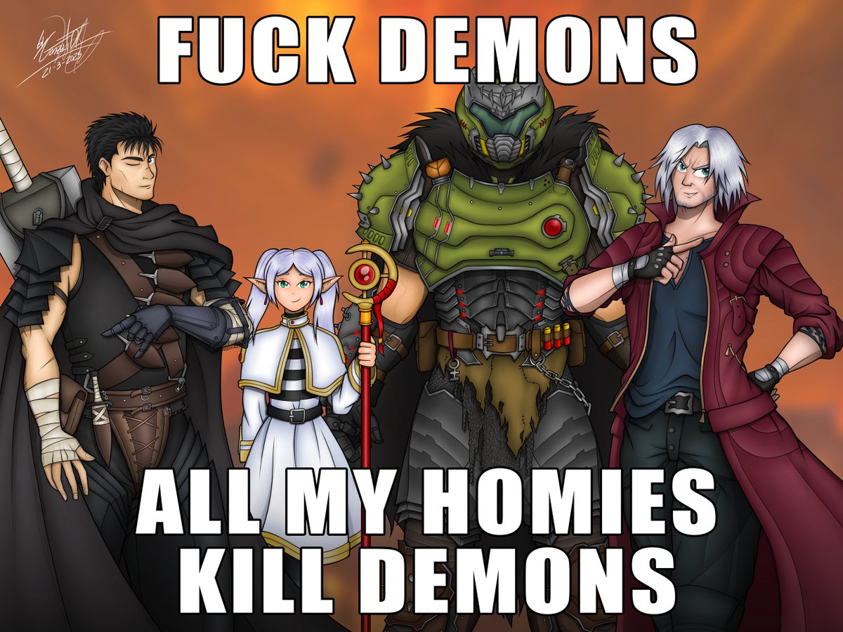 boomshootart's tweet image. Guts, Frieren, Doomguy, and Dante team up
Berserk x Frieren x Doom x Devil May Cry

Crossover art by @Gonza7200 / GonzaTDL