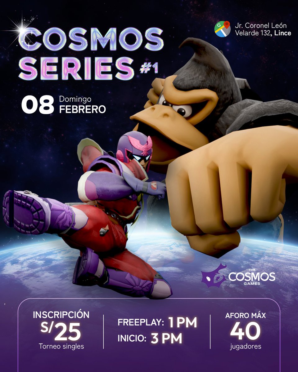 Anuncio para la comunidad de SSBU Perú. 
El próximo domingo, 8 de Febrero, tendremos una nueva serie de torneos.

COSMOS SERIES#1 

💵 Costo: 25 soles
🗺️ Lugar: Jr. Coronel León Velarde 132, Lince (frente al CC Arenales)
📍 start.gg/tournament/cos…