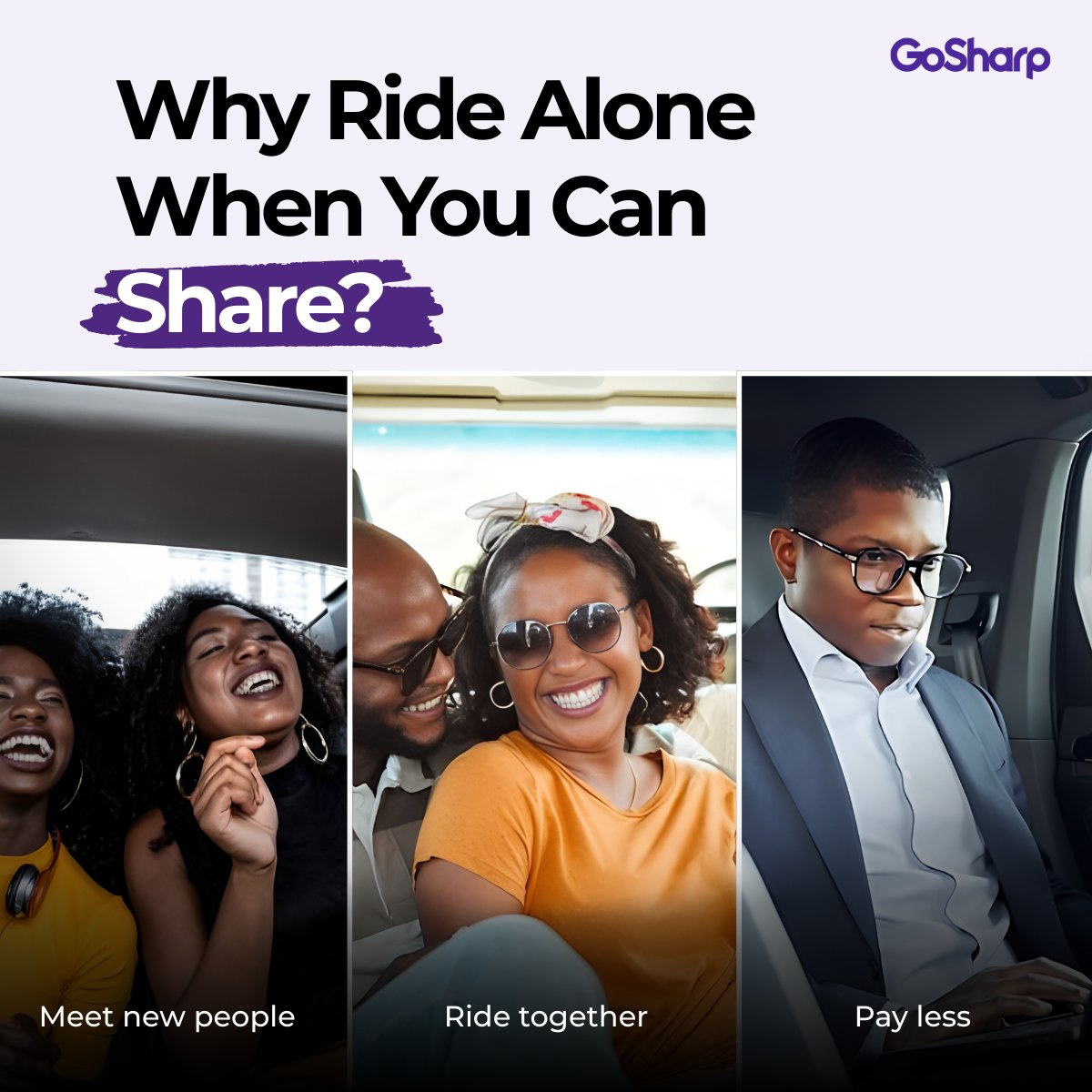 OfficialGoSharp's tweet photo. Why ride alone when you can share?
GoSharp Ride Sharing is here!
Enjoy your trips with others, meet new people, and pay less on every ride.
 ☑️Ride together
 ☑️ Save money
 ☑️ Same GoSharp safety &amp; comfort
Download https://t.co/Q5D2YwDLmw and choose Shared Ride today.
#GoSharp https://t.co/SZvXn4lpzv