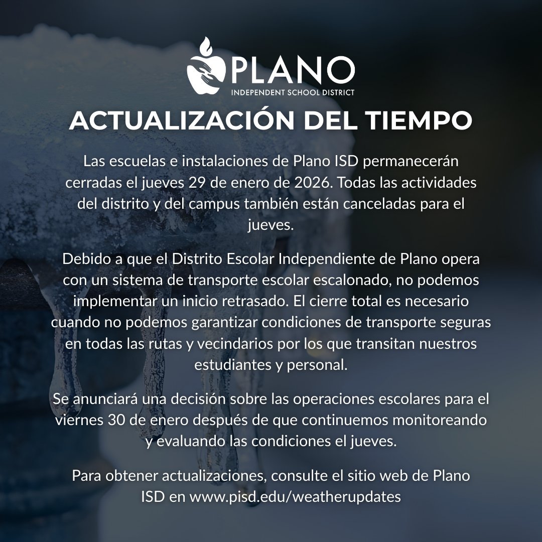 (2/2) A decision regarding school operations for Friday, January 30, will be shared after conditions are reevaluated on Thursday. Thank you for your patience as we navigate this extended winter weather event.
For additional weather updates, please visit: pisd.edu/weatherupdates