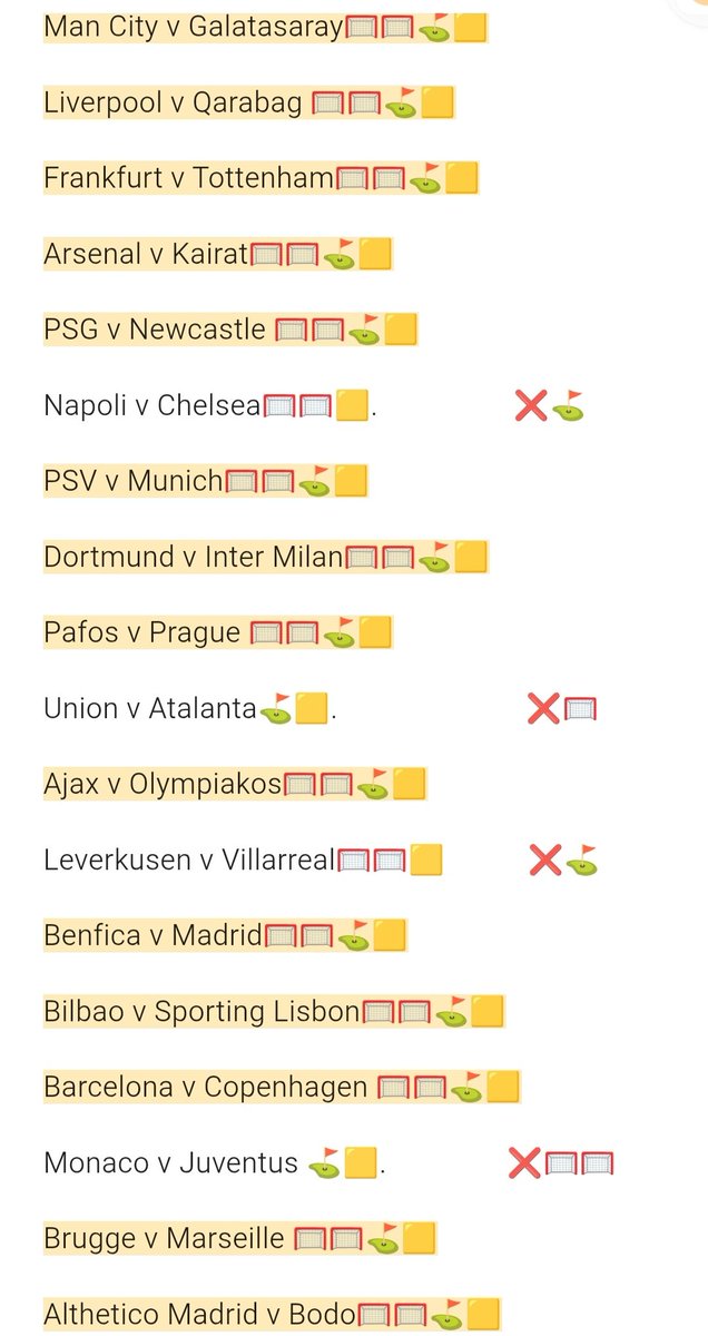 saintgraydon's tweet photo. #UCL #paddypower 
Had a go at some special bets. 
Heres how I got on

1) Every team 2+ Corners ⛳ (20/1)

2) Every team 1+ Card 🟨 (125/1) 

3) Every game 2+ Goals, 6+ Corners, 1+ Card 🥅⛳🟨 (125/1) 

4) Every game 1+ Goal &amp; 1+ Card 🥅🟨 (3/1) 🤏 So Close! https://t.co/f368vmzmuW