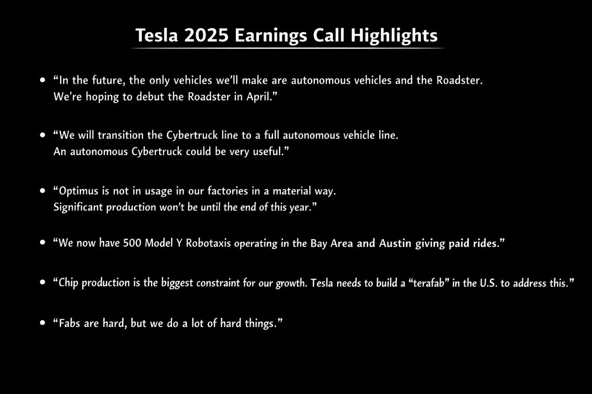 🚨2025년 4분기 테슬라 어닝콜 내용 정리 $TSLA

1) 일론 : “우리는 대규모 태양광 셀 제조사가 될 것입니다.”

2) 일론 : FSD 무감독(Unsupervised)으로 운행 중인 모델 Y 로보택시가 어제부로 더 이상 추적 차량(팔로우 카) 없이 주행하고 있습니다.

3) 일론 : "테슬라가 2026년 2분기(Q2)를