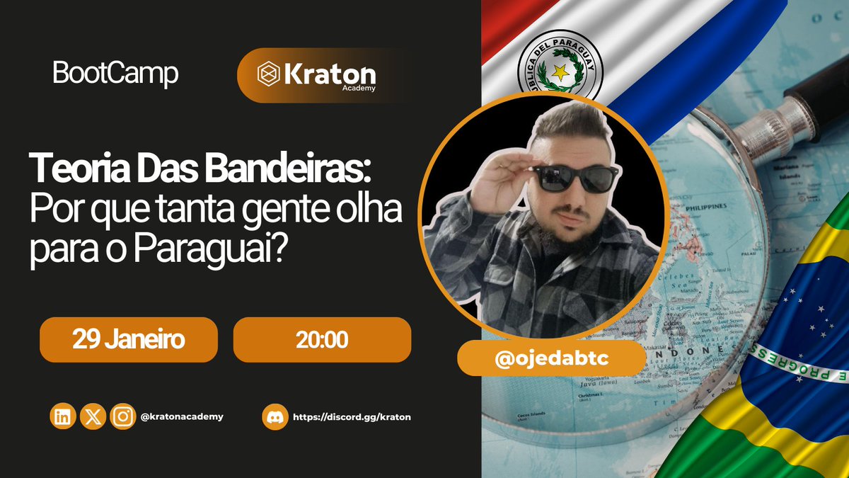 AMANHÃ, 29/01 às 20:00, a Kraton recebe <a href="/ojedabtc/">Ojeda ⚡</a>  para um Bootcamp especial sobre Teoria das Bandeiras. 🇵🇾

Imposto zero?
Paraguai?
Estruturas fora do Brasil?

Vamos falar o que é real, o que é mito e como essas estratégias são usadas de forma legal, e como tudo isso influencia