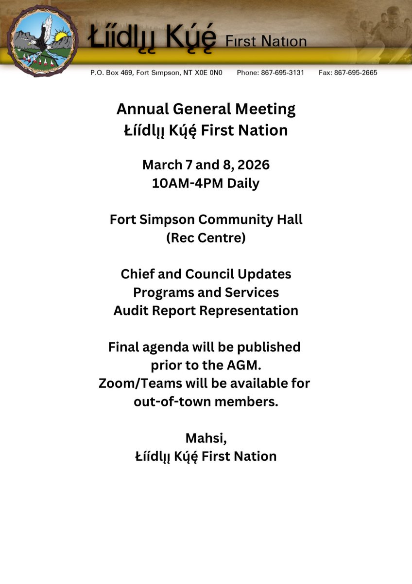 Annual General Meeting for LKFN!
March 7-8, 2026. 10AM-4PM. Rec Centre.
Chief and Council Updates. Programs and Services. Audit Report Representation. Final agenda will be published prior to the AGM.
Zoom/Teams will be available for out-of-town members.