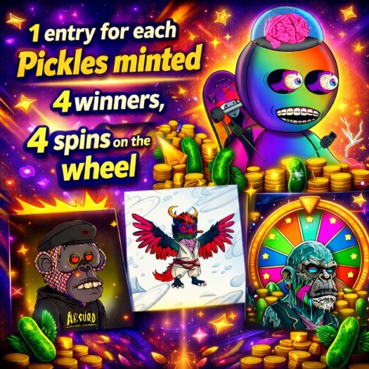 🥒Pickles Bounty for minting 🥒

Mint a <a href="/Pickles_NFT/">Pickles</a> Open a Ticket and claim your wheel participation🔥 ⁠

Your #Pickles number on the wheel👇

1 - LP Dollz ( <a href="/LunardollzNft/">✨The LunarVerse ☄️</a> )
1 - XElementia ( <a href="/XElementia/">XElementia</a> )
1 - ZMB3YS ( <a href="/mnk3ylabs/">MNK3YS</a> )
1 - Absurd Apes ( <a href="/AbsurdArtApes/">Absurd Apes (1%)</a> )