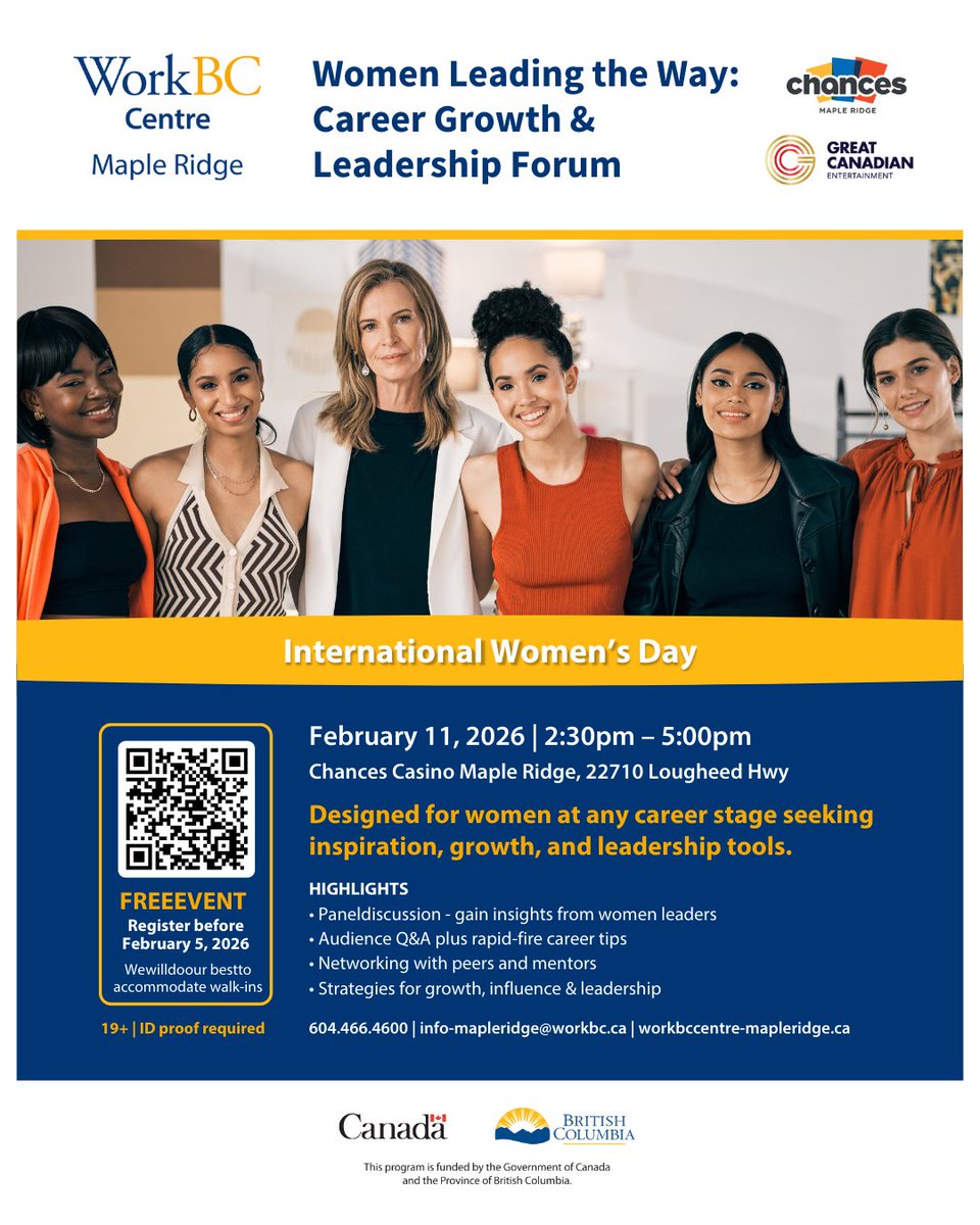 Get excited, another event is coming to WorkBC Maple Ridge in February! ✨ Join us February 11 from 2:30–5:00 PM for Women Leading the Way: Career Growth &amp; Leadership Forum.

👉 Please register by February 5 via Eventbrite 🔗 eventbrite.ca/e/women-leadin…