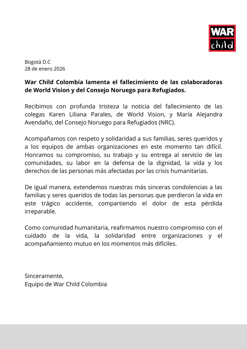WarChildCol's tweet image. Extendemos nuestras más sinceras condolencias y toda nuestra solidaridad en estos difíciles momentos a todas las familias, seres queridos y equipos de trabajo.