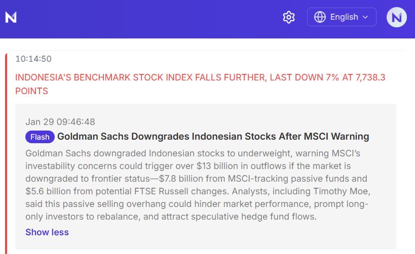 Sino_Market's tweet image. 🇮🇩INDONESIA'S BENCHMARK STOCK INDEX FALLS FURTHER, LAST DOWN 7% AT 7,738.3 POINTS 
mktnews.com/flashDetail.ht… @CNWire