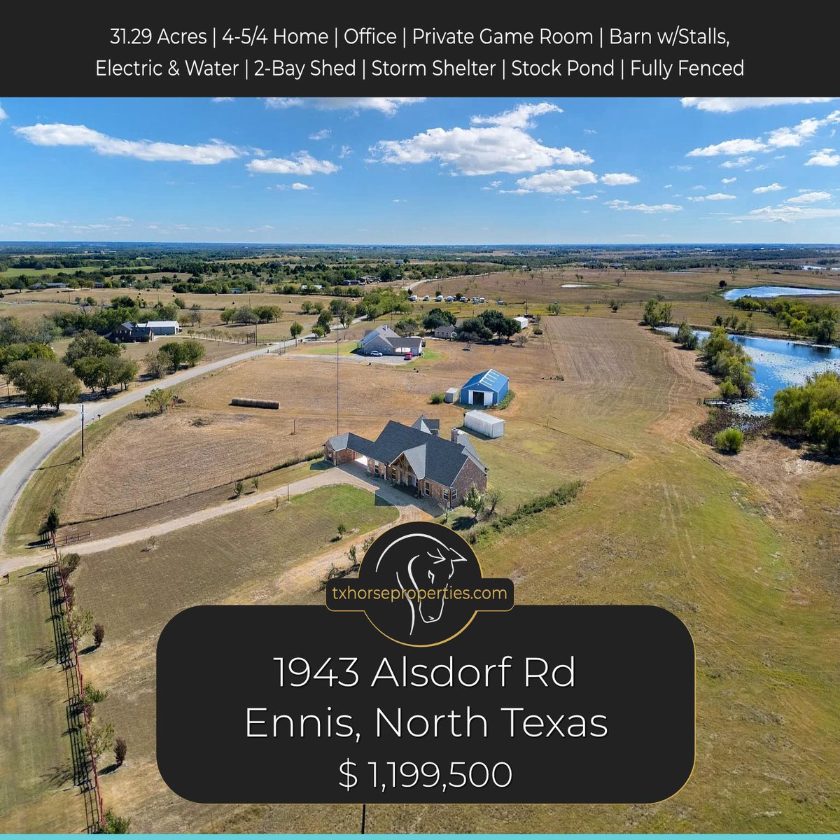 TxHorseProperty's tweet image. ENNIS, NORTH TEXAS. 31.29 acs. 4/4 home w/office, game room w/ensuite bed &amp;amp; bath. Barn w/stalls, electric, water. Shed, storm shelter, fruit trees. Pastures, stock pond. $1.12M #txhorseproperties #ennistx #northtexas #elliscounty #texashorsepropertyforsale tinyurl.com/1943Ennis