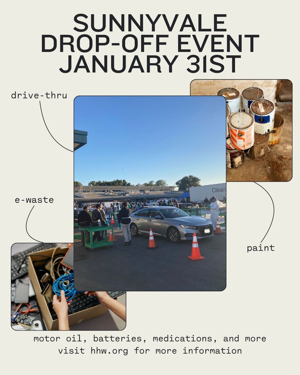 SCCHHW's tweet photo. 👋We are back in @cityofsunnyvale on
Saturday, January 31st! Bring us your e-waste, paint,
oil, medications and more to drop-off for free! This
event is open to all @countyofsantaclara residents.
Visit https://t.co/MaJVRX4BYE for more information.
#HHW #SunnyvaleEvents https://t.co/v4gxwp3K9Z