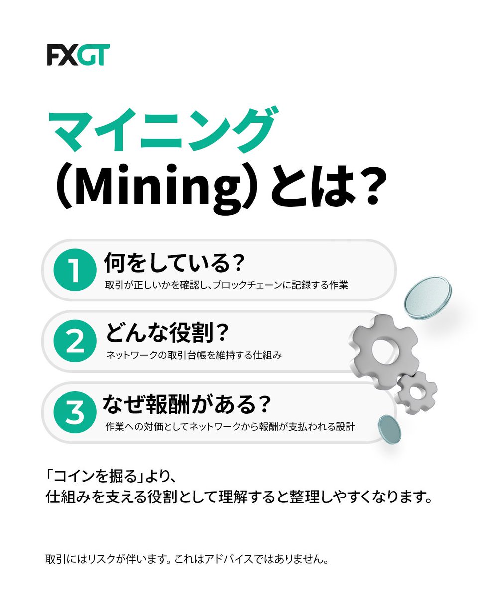 暗号資産界隈ではマイニングという言葉がよく出てきます マイニングは、 ブロックチェーン上の取引が正しいかを確認して、 記録する作業です。  コインを英語の通り「掘る」というより、 取引台帳をみんなで維持する役割に近い仕組みです⛏️ その作業を担った人に ...
