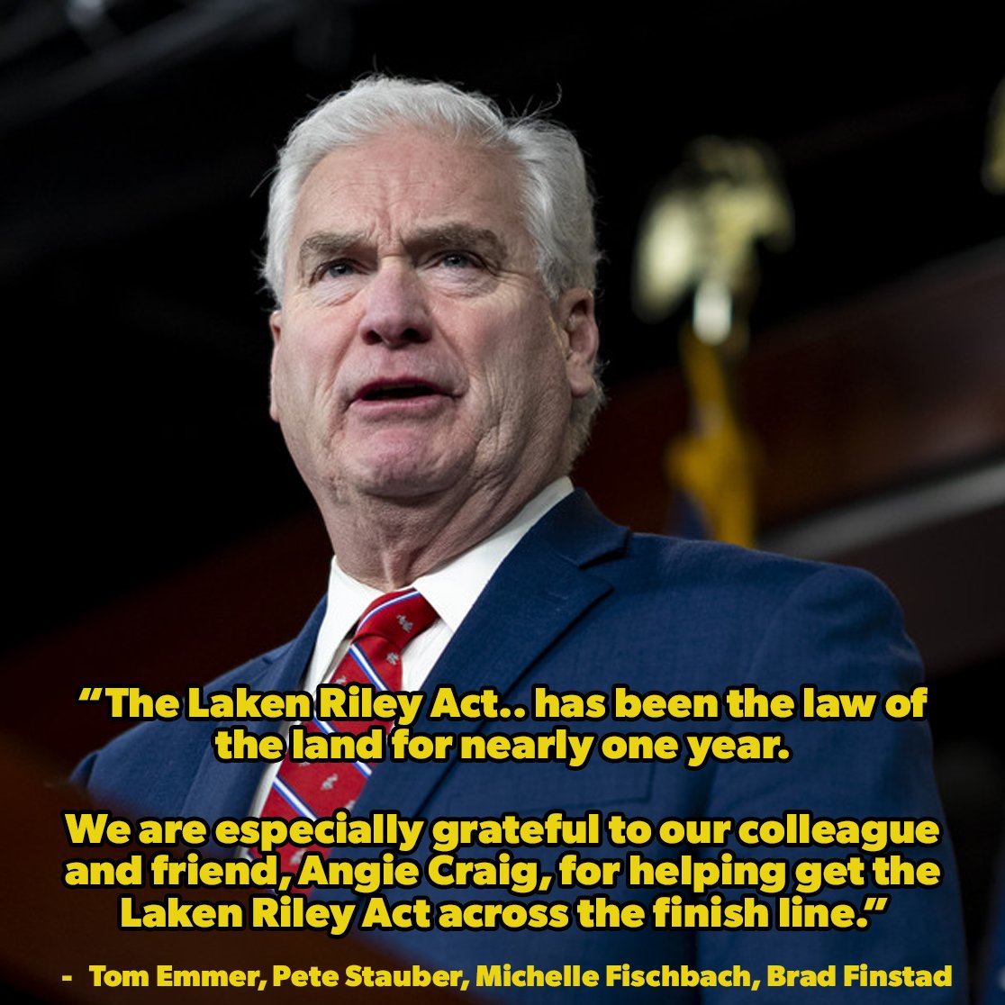 One year ago tomorrow, Donald Trump signed the Laken Riley Act - a bill that empowers ICE and strips immigrants of due process by allowing indefinite detention, even for children.

Trump couldn't get it done without <a href="/AngieCraigMN/">Angie Craig</a>.