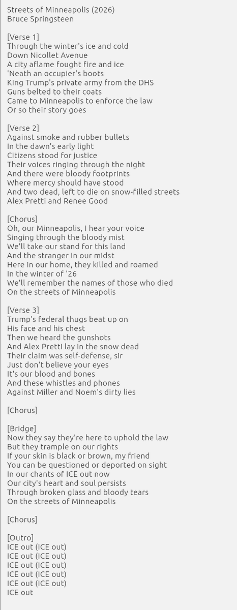 Streets of Minneapolis / Calles de Minneapolis (2026)
Bruce Springsteen
youtube.com/watch?v=wWKSox…