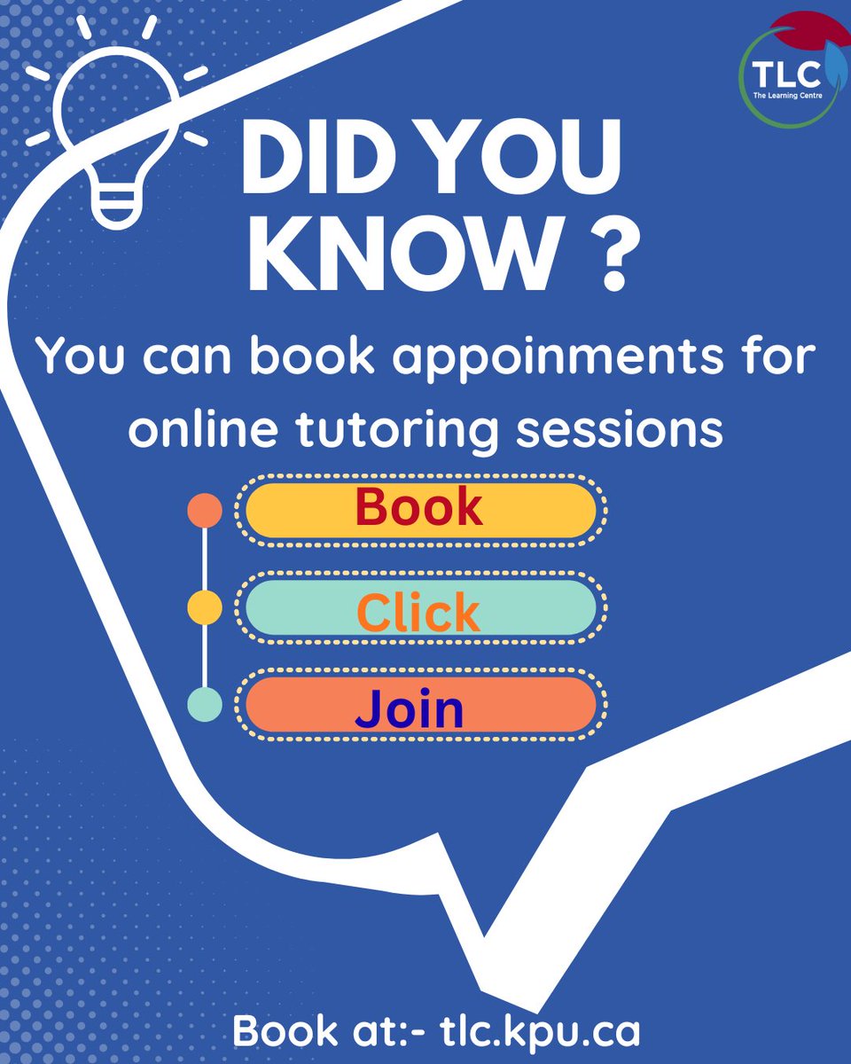 Did you know that you have access to online tutoring sessions through The Learning Centre at KPU. Book a session at tlc.kpu.ca and join your session online. Tutoring is also, available in-person.