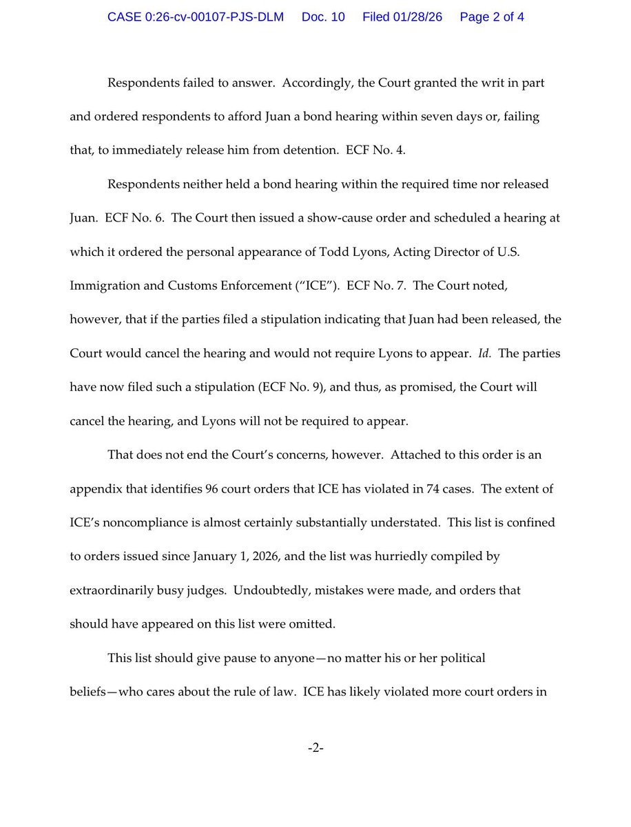 sahilkapur's tweet image. U.S. District Court Judge Patrick Schiltz (Republican-appointed in ‘06): “ICE has likely violated more court orders in January 2026 than some federal agencies have violated in their entire existence.”