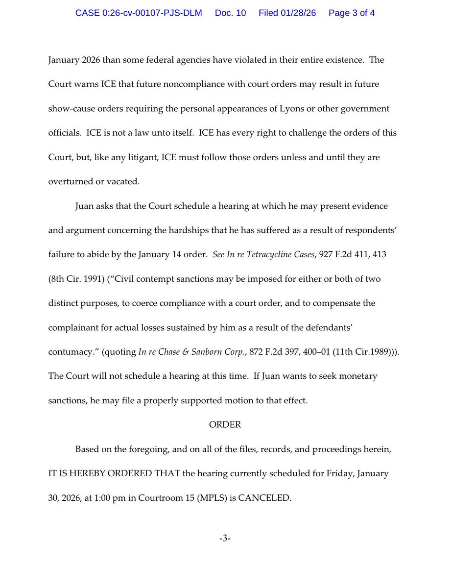 sahilkapur's tweet image. U.S. District Court Judge Patrick Schiltz (Republican-appointed in ‘06): “ICE has likely violated more court orders in January 2026 than some federal agencies have violated in their entire existence.”
