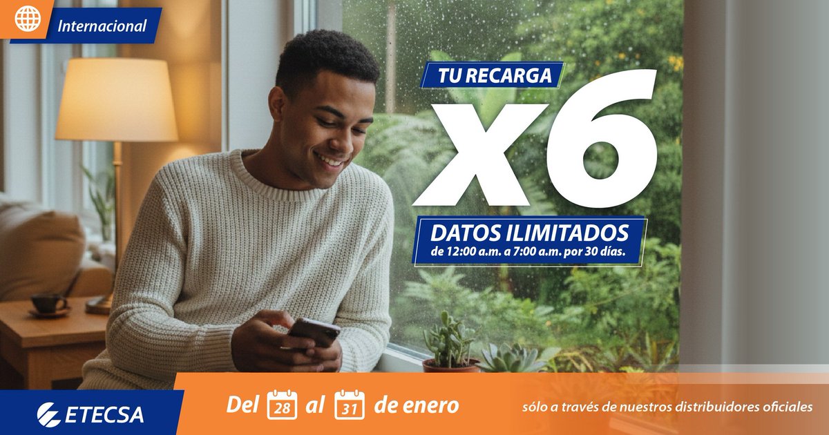 💥¡Anota esta fecha y mantente atento a los detalles! 
Del 28 al 31 de enero, si recibes una recarga internacional entre 600CUP y 1250CUP, multiplicas el monto de tu recarga por 6 y recibes datos ilimitados de 12:00 a.m. a 7:00 a.m., durante 30 días. 📲