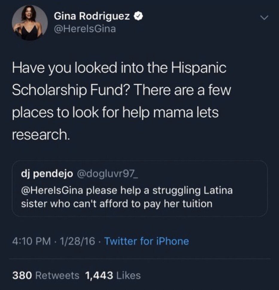 10 years ago today Gina Rodriguez told someone that needed tuition help to look out for other resources