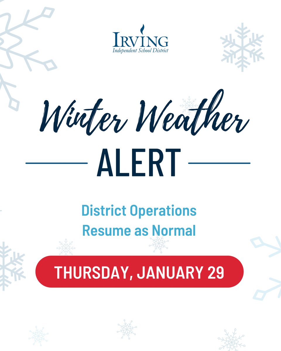 All school and district operations will resume as normal tomorrow, Thursday, January 29. We look forward to welcoming students and staff back.