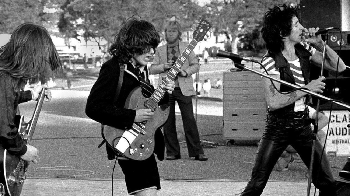 AC⚡DC performing at the Victoria Park oval in Echuca during their "Giant Dose of Rock 'n' Roll" tour.  on January 11, 1976. Photo by Bob King