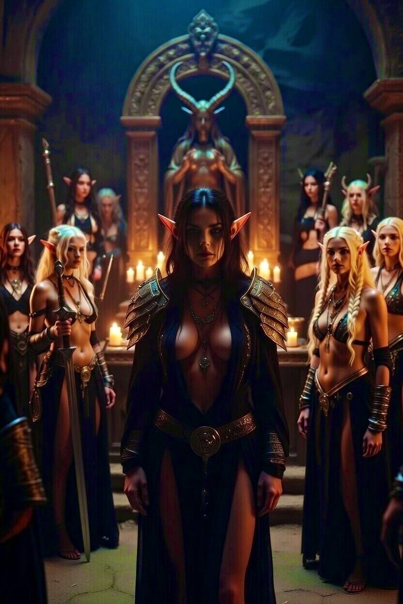 elfgirlsdaily's tweet photo. Bow before your dark elf queen. Surrounded by her fierce sisters in the candlelit halls of ancient power, she rules with steel, curves, and unyielding desire. Kneel or face her blade. Who dares to serve? 🗡️🖤🧝♀️🔥
#DarkElf #ElfQueen #DarkElfQueen #ElfGirl #SexyElf #FantasyGirl #PointyEars #FantasyArt #AIArt #NSFW #Ecchi #Lewd #ThiccElf #WarriorElf #Drow #ElfWaifu #FantasyWaifu #GothicFantasy #DarkFantasy #ElfEars