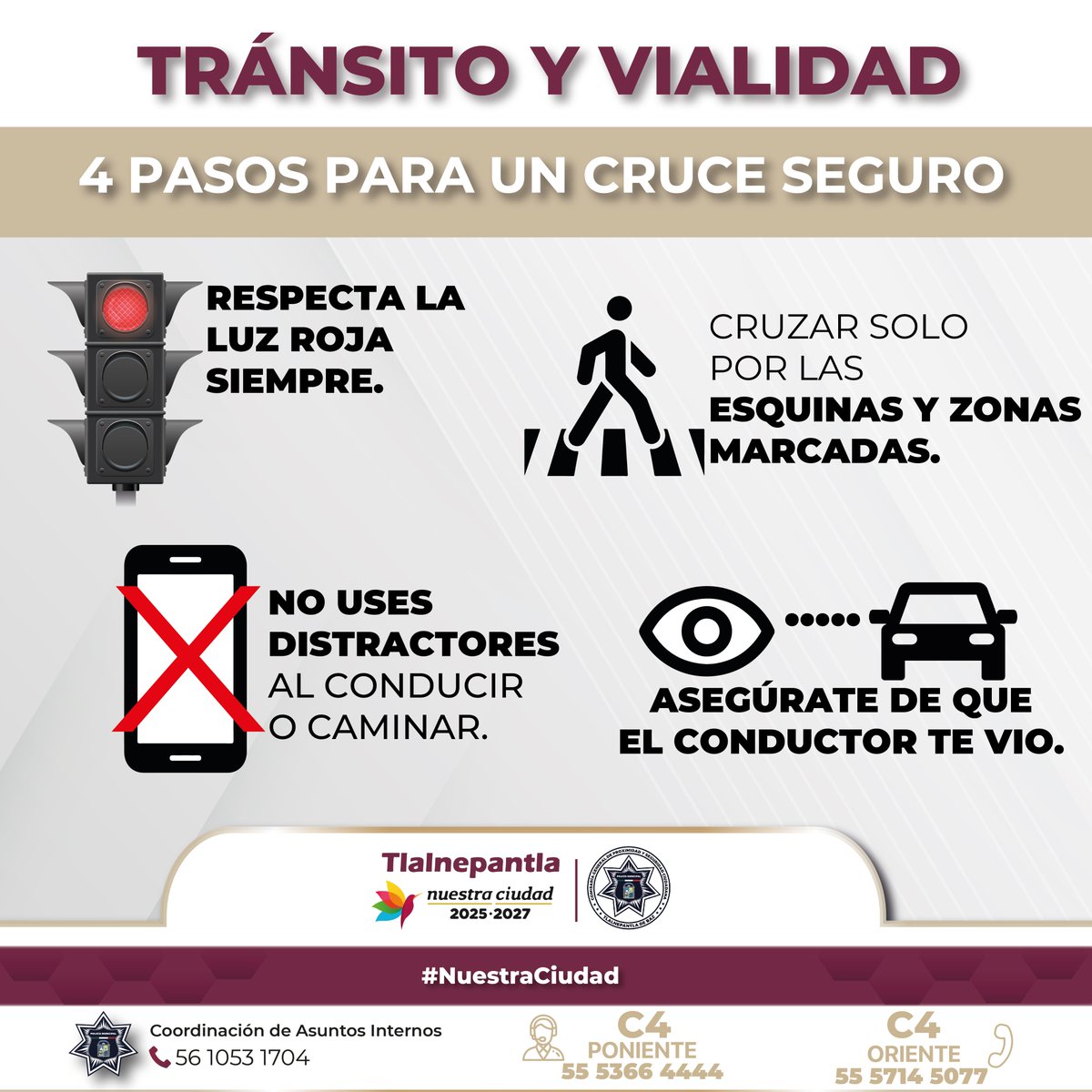 La seguridad vial no es solo cumplir un reglamento, es cuidarnos entre todos para regresar a casa. Te compartimos 5 pasos clave para circular tranquilo y evitar accidentes en nuestras avenidas.

#NuestraCiudad #TlalnepantlaCiudadSegura