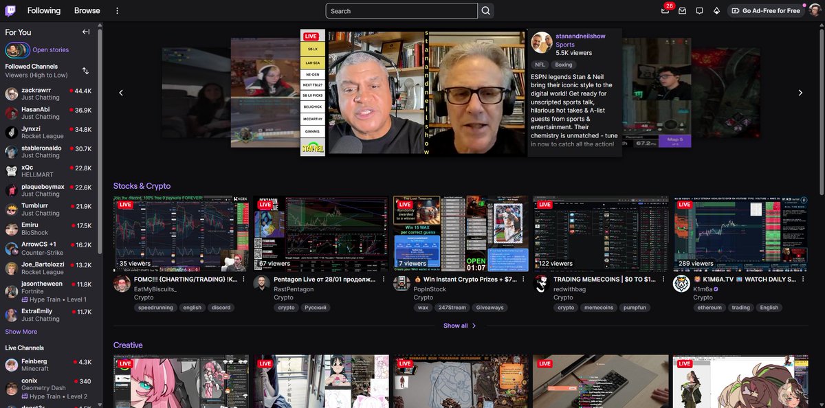 What in the world is wrong with my FYP on <a href="/Twitch/">Twitch</a> ? 
Why is there just crypto bs scam