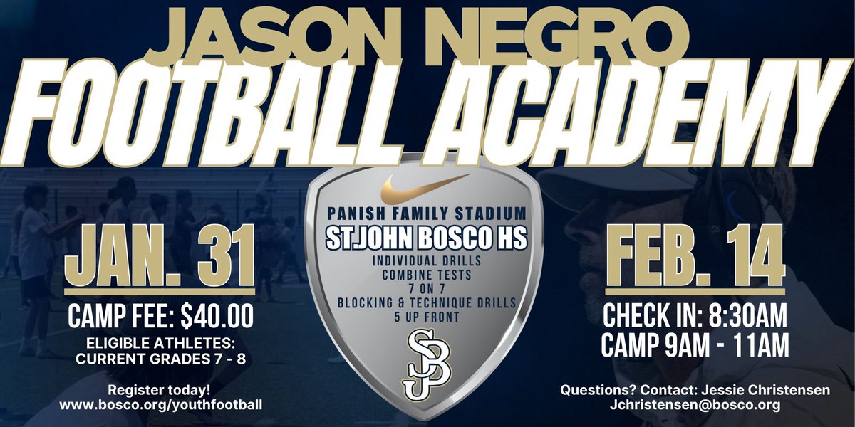 boscofootball's tweet photo. Attention all rising 7th &amp; 8th grade football student-athletes.  This Saturday is our first Jason Negro Football Academy workout.  Come and compete with some of the top young talent in So. California.  Check link below 👇🏽 👇🏽#DestinationBosco https://t.co/JsqYZXDm7n