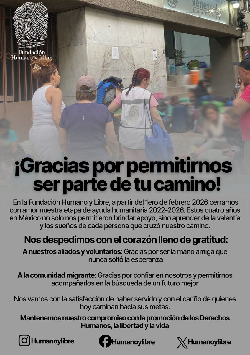 ¡Gracias por permitirnos ser parte de tu camino!

Después de 4 años brindando apoyo humanitario en México, la Fundación Humano y Libre cierra esta etapa con el corazón lleno de gratitud.

@Humanoylibre facebook.com/Humanoylibre #Humanoylibre
