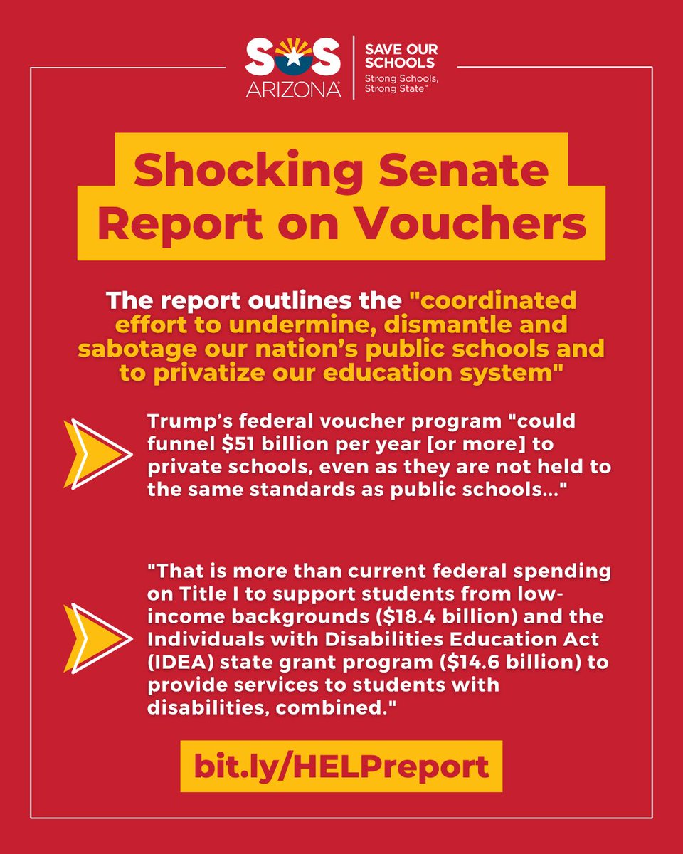 arizona_sos's tweet image. 🚨NEW: Shocking Senate Report on Vouchers 🚨

SOSAZ has been sounding the alarm on vouchers for years, &amp;amp; this report confirms our opposition outlining the "coordinated effort to undermine, dismantle and sabotage our nation’s public schools and to privatize our education system."