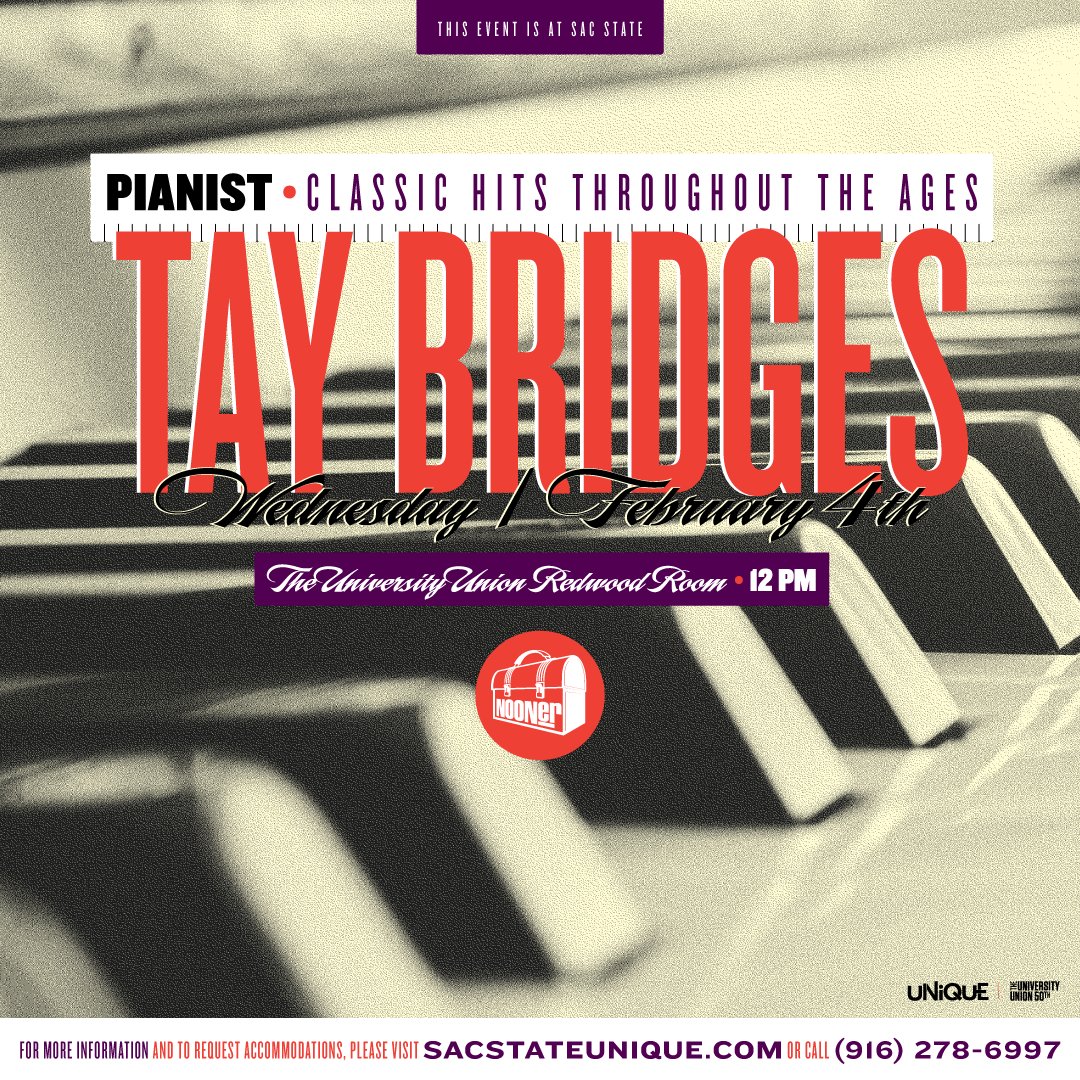 🎹 Pianist Tay Bridges returns to the Union next week!

📍 Union Redwood Room
📆 Wednesday 2.4
⏰ 12pm
🎟️ FREE

#sacstate #studentlife #campuslife #piano #pianist