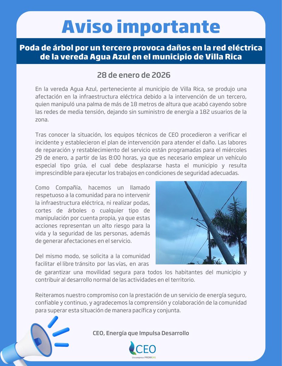 <a href="/CGECauca/">Consejo Gremial y Empresarial del Cauca</a>  se permite compartir comunicado de la Compañía Energética de Occidente CEO, con relación a poda de árbol por un tercero que provoca daños en la red eléctrica de la vereda Agua Azul en el municipio de Villarrica Rica #Cauca