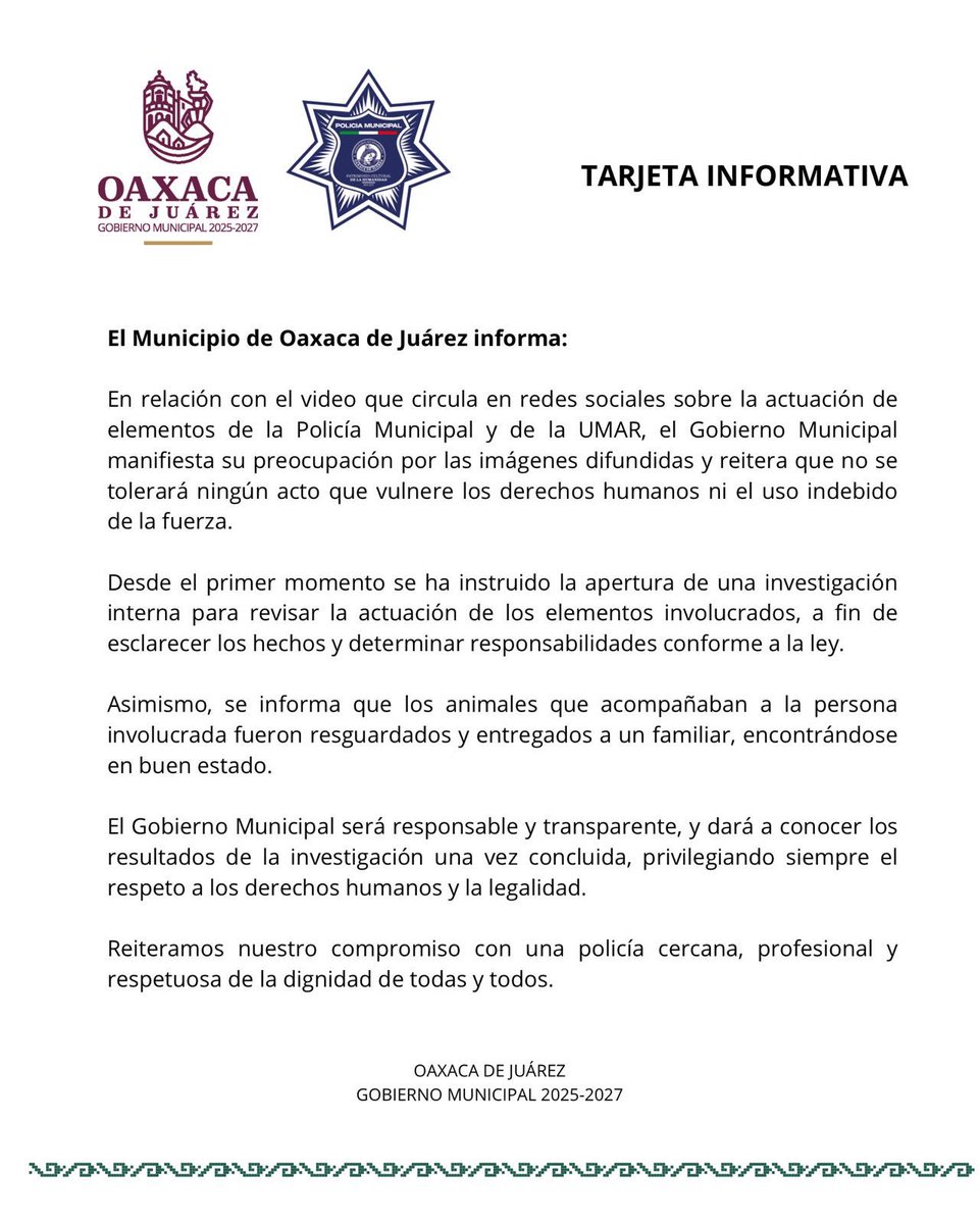En relación con el video que circula en redes sociales sobre la actuación de elementos de la Policía Municipal, el Municipio de Oaxaca de Juárez informa: <a href="/MunicipioOaxaca/">Municipio de Oaxaca de Juárez</a>