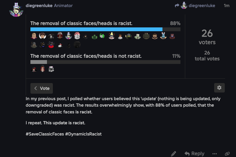 Dyegreenlucas's tweet photo. The dynamic heads update is officially racist.

#Roblox #SaveClassicFaces #DynamicIsRacist https://t.co/8oezTtc4zd