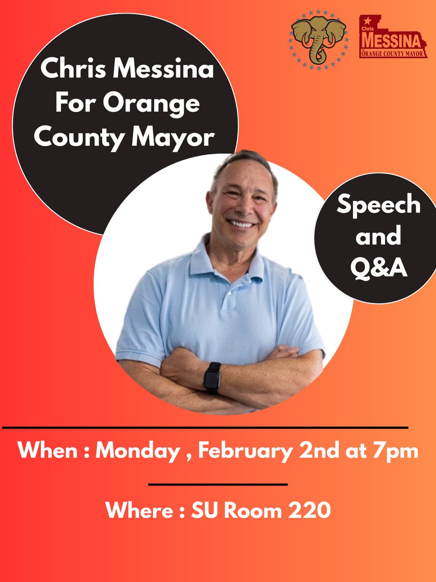 UCFGOP's tweet photo. We're thrilled to host Chris Messina, conservative candidate for Orange County Mayor, at UCF on February 2nd! 

Join us in the Student Union, Room 220 next week. Don't miss this chance to meet him and ask questions!  

RSVP now in the linktree: https://t.co/YVU2vXLTAc https://t.co/GG1c16AcNp