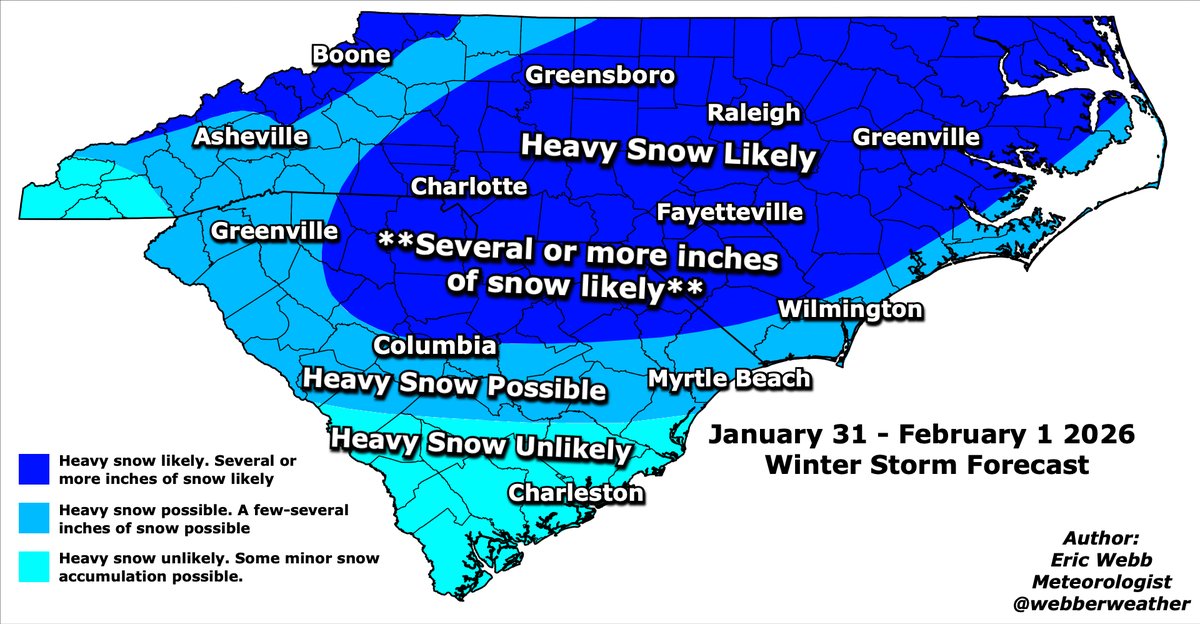 This is the best I can do for now as a general broad brush of this weekend's snowstorm in the Carolinas. 

Heavy snow is likely for most of central-eastern NC into SC.

I won't do specific snow totals until late tomorrow, but there will likely be some gigantic numbers on the map.