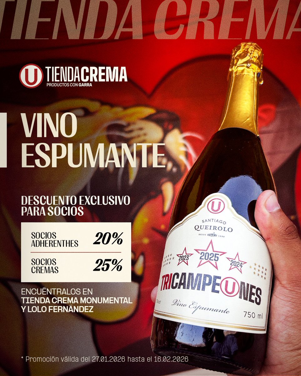 𝗕𝗿𝗶𝗻𝗱𝗲𝗺𝗼𝘀 𝗽𝗼𝗿 𝗻𝘂𝗲𝘀𝘁𝗿𝗼 𝗹𝗲𝗴𝗮𝗱𝗼 𝗵𝗶𝘀𝘁𝗼́𝗿𝗶𝗰𝗼 🥂🤩

🍾 Querido socio, disfruta de los descuentos especiales en el Vino Espumante del único grande.

🛒 Encuéntralo en #TiendaCrema del <a href="/Monumental_U_/">Estadio Monumental Ⓤ Marathon</a> y Lolo Fernández.

¡Compra original, cómprale a la Ⓤ!