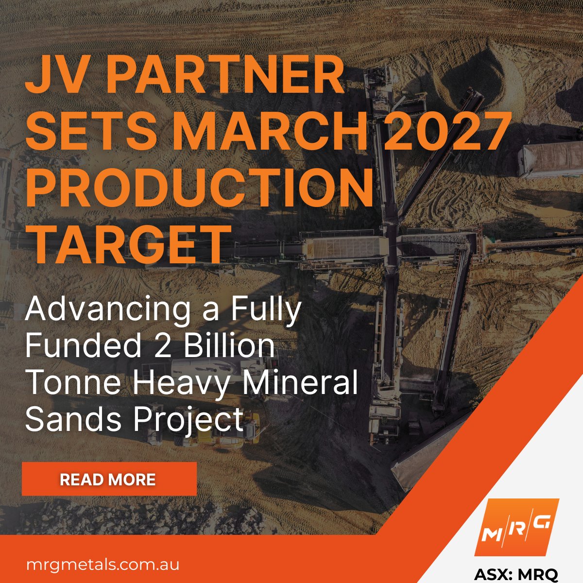 MRG Metals Limited (#ASX: $MRQ) is pleased to advise that its Joint Venture partner, Sinowin Lithium, has provided a detailed project development plan targeting March 2027 for the commencement of initial production at the 2 billion tonne Heavy Mineral Sands (HMS) Project in