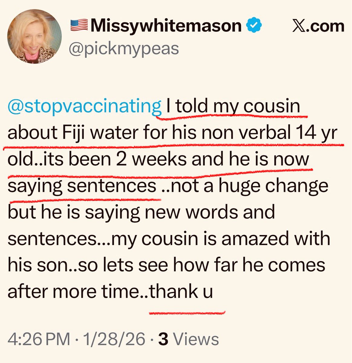 At age 14?! 
This is REMARKABLE!!!

Fiji water has a high amount of silica in it and therefore detoxes aluminum (via vaccines) from the cranial nerves and as the aluminum is removed, cranial nerves can begin to function. 

This is my first verification that teens can have rapid