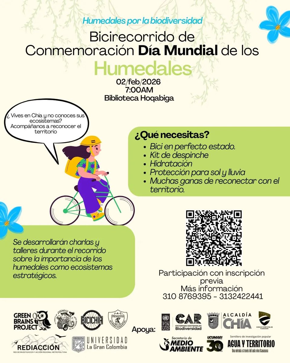 En el día de los humedales haremos un bici recorrido por ecosistemas estratégicos de la estructura ecológica de #Chia.  
Te esperamos el 2 de febrero a las 7:00am en la biblioteca Hoqabiga
Salida 7:30am