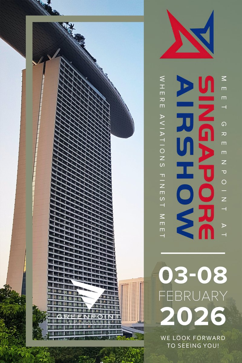 GreenpointTech's tweet image. Greenpoint will be at the Singapore Airshow, 03-08 February! We’re excited for insightful conversations and the opportunity to reconnect with industry colleagues.

We look forward to seeing you there!