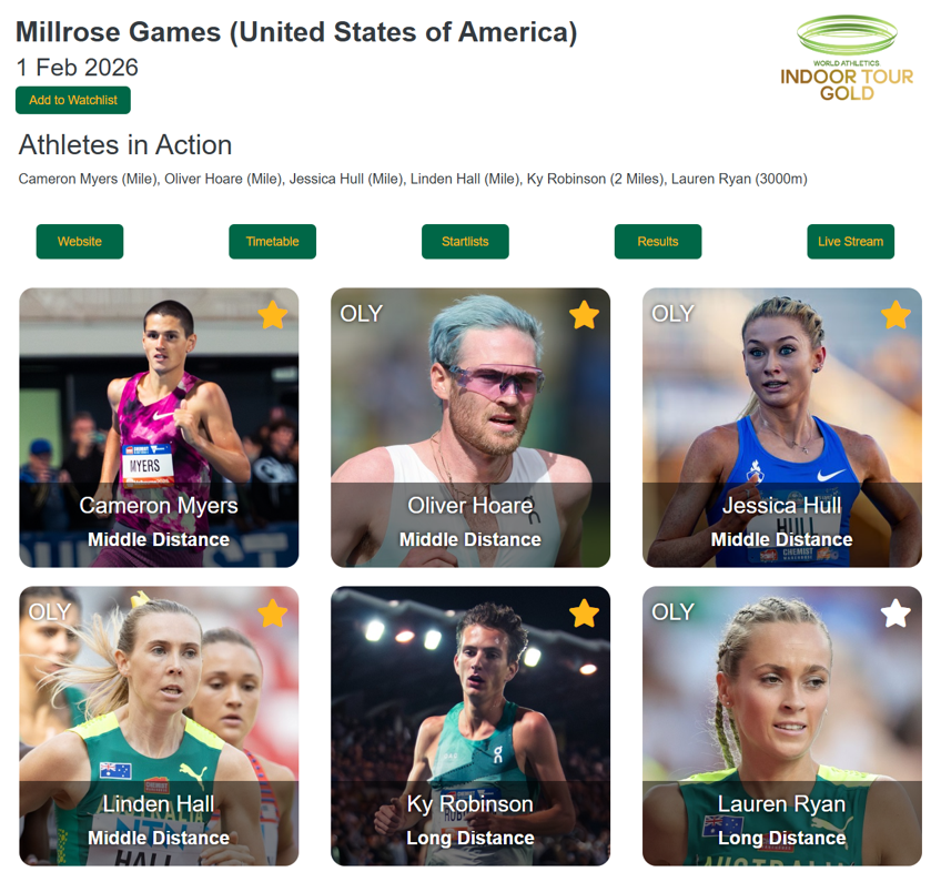 TrackAthletesAU's tweet photo. Millrose Games start lists out &amp; great to see 2 more Australians🇦🇺 added:
🔸Linden Hall joins Jessica Hull in women's mile
🔸Lauren Ryan runs 3000m, with Ky Robinson in the 2 miles
🔸Cameron Myers &amp; Olli Hoare contesting men's mile

🔥Tune in!

https://t.co/3uqDcyt948 https://t.co/qbffirt13l