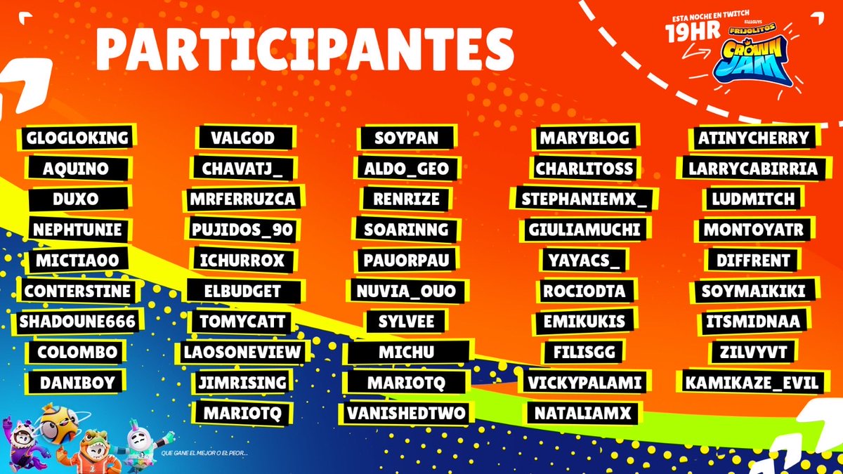 🫘👑 Estos son los participantes del Frijolitos Crown Jam 

👥 Equipos listos para la acción en 3v3 Fall Guys
💰 $2K USD en premios
📅 28 de enero | ⏰ 7 PM CDMX

Nos vemos en vivo por mi canal de Twitch.