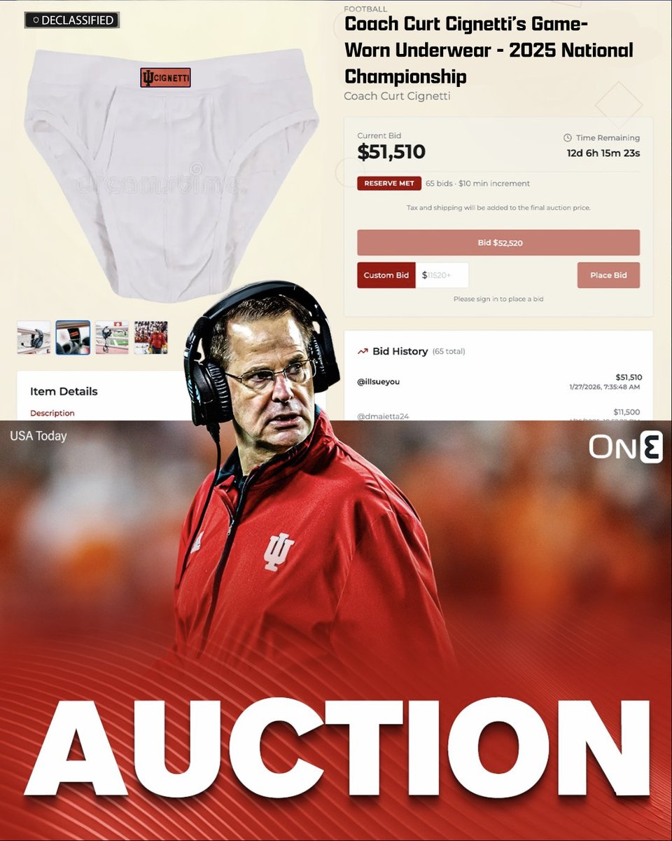 QB1Tattoo's tweet image. BREAKING: Indiana Coach Curt Cignetti's Game worn underwear are up for auction. #Hoosiers 

Currently &amp;gt;50K 👀
